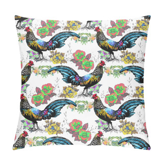 Personality  Seamless Watercolor Pattern With Farm Roosters Silhouettes And Flowers Pillow Covers