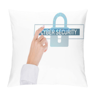 Personality  Cropped Shot Of Businesswoman Pointing At Cyber Security Sign Isolated On White Pillow Covers