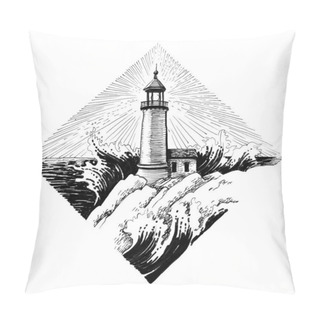 Personality  Lighthouse On The Rock. Ink Black And White Drawing Pillow Covers