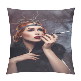 Personality  Beautiful Girl With Smoky Eyes And Red Lips Holding Cigarette Pillow Covers