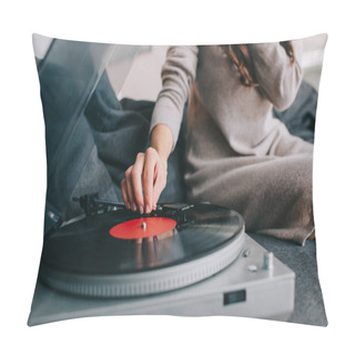 Personality  Cropped Shot Of Woman Listening Music With Vinyl Record Player On Couch At Home Pillow Covers