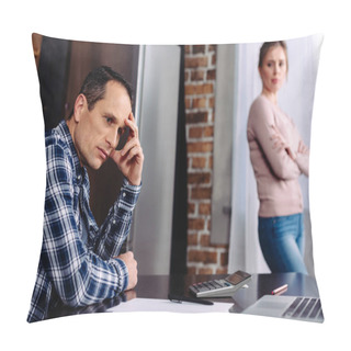 Personality  Selective Focus Of Argued Couple In Kitchen At Home, Financial Problems Concept Pillow Covers