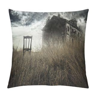 Personality  Abandoned Chair Out In A Field Facing A Haunted House Pillow Covers