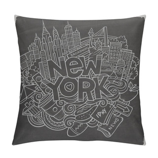 Personality  Cartoon Cute Doodles Hand Drawn New York Inscription. Chalkboard Illustration With American Theme Items. Line Art Detailed, With Lots Of Objects Background. Funny Vector Artwork Pillow Covers