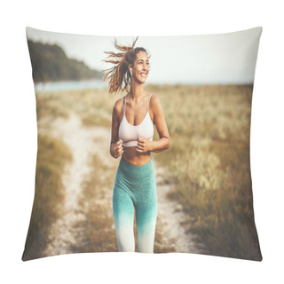 Personality  A Beautiful Smiling Happy Woman Is Running Along The Path Near The Sea And Enjoying In Summer Sunny Day. Pillow Covers