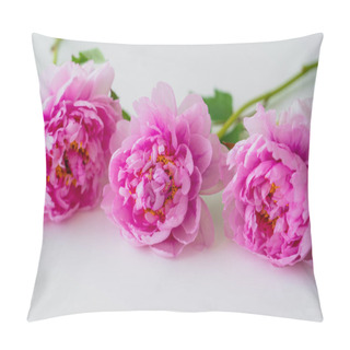 Personality  Close Up View Of Fresh Peonies With Pink Petals On White Background Pillow Covers