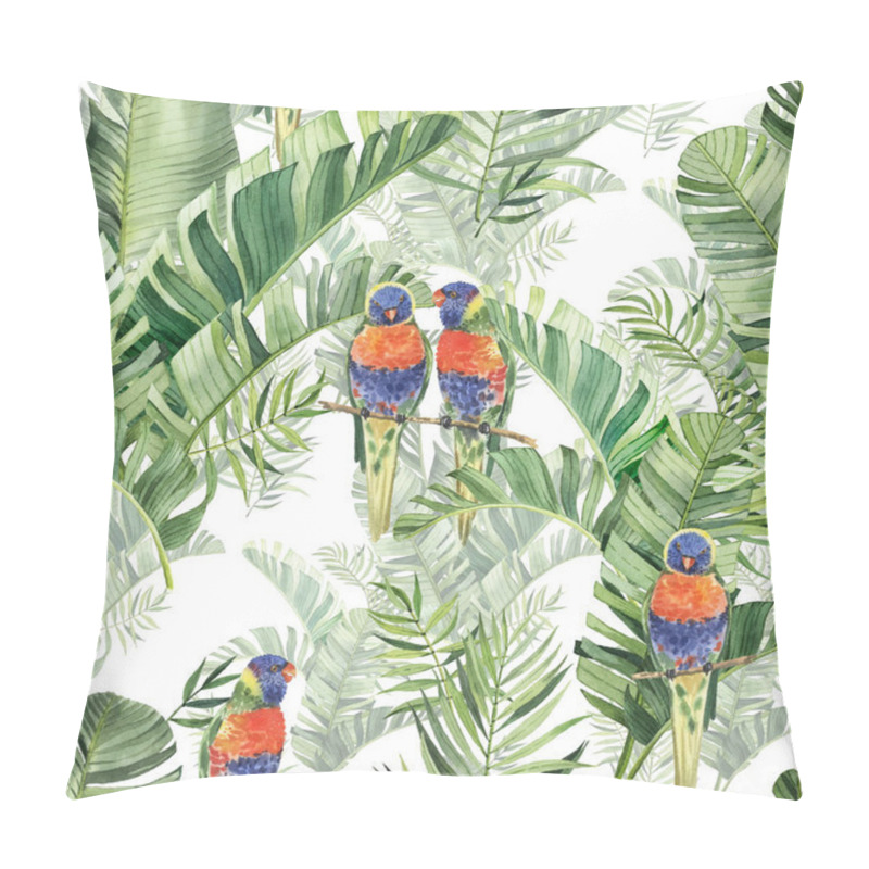 Personality  Pattern With Beautiful Watercolor Parrots And Tropical Leaves. Tropics. Realistic Tropical Leaves. Tropical Birds.  On White Background Pillow Covers