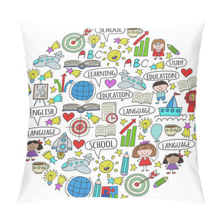 Personality  Vector Set Of Learning English Language, Childrens Drawing Icons In Doodle Style. Painted, Colorful, Pictures On A Piece Of Paper On White Background. Pillow Covers
