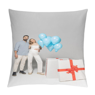Personality  Full Length Of Smiling And Stylish Expecting Parents Hugging While Standing Near Big Gift Box With Festive Blue Balloons During Gender Reveal Surprise Party On Grey Background, It`s A Boy  Pillow Covers