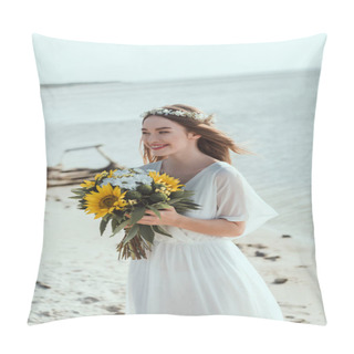Personality  Smiling Girl In White Dress Holding Bouquet Of Sunflowers On Beach Pillow Covers