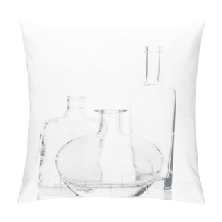 Personality  Composition From Empty Alcoholic Bottles Through Glass With Water Drops Against White Background Pillow Covers