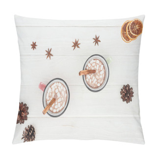 Personality  Top View Of Cups With Hot Chocolate And Marshmallows, Cinnamon Sticks, Star Anise And Pine Cones On Wooden Table  Pillow Covers