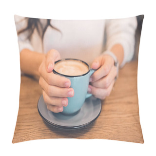 Personality  Cropped Image Of Woman Sitting With Coffee Cup At Table In Cafe Pillow Covers
