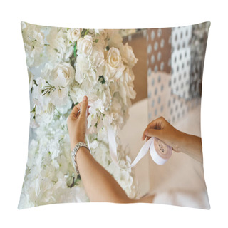 Personality  Cropped View Of Decorator Holding White Ribbon Near Blooming Flowers In Event Hall, Banquet Setup Pillow Covers