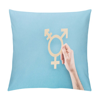 Personality  Cropped View Of Male Hand With White Paper Cut Gender Sign On Blue Background, Lgbt Concept Pillow Covers