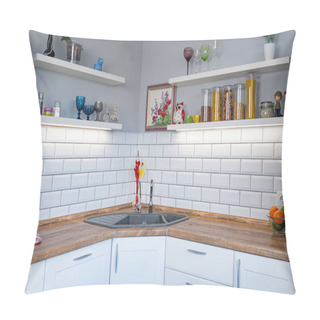 Personality  White Kitchen Bench Shelves With Various Food Ingredients On White Background Pillow Covers