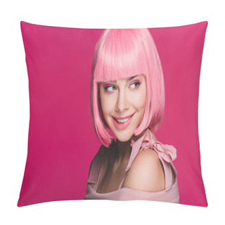Personality  Attractive Sensual Girl In Pink Wig Biting Lip, Isolated On Pink Pillow Covers
