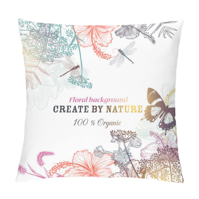 Personality  Floral vector background with engraved flowers hibiscus, dragonf pillow covers