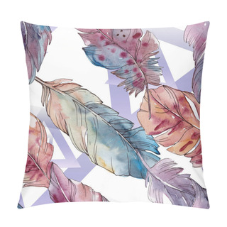 Personality  Colorful Bird Feather From Wing Isolated. Watercolor Background Illustration Set. Seamless Background Pattern. Pillow Covers