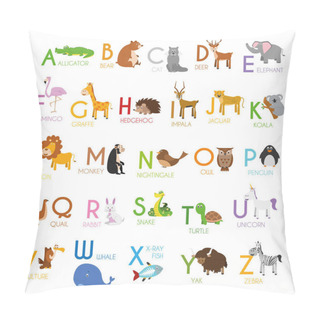 Personality  Cute Cartoon Zoo Illustrated Alphabet With Funny Animals. English Alphabet. Learn To Read. Isolated Vector Illustration. Pillow Covers