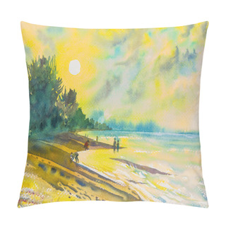 Personality  Watercolor Original Seascape Painting Colorful Of Beach And Emotion In Sunset  Background. Pillow Covers