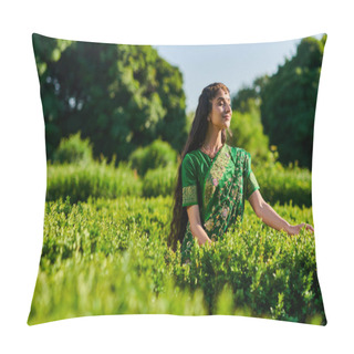 Personality  Pleased Young Indian Woman In Sari Standing With Closed Eyes Near Green Plants In Park Pillow Covers