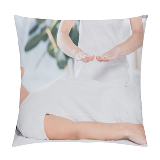 Personality  Cropped Shot Of Calm Young Woman Receiving Reiki Healing Treatment On Stomach  Pillow Covers
