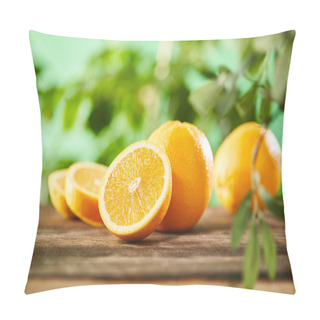 Personality  Selective Focus Of Cut And Whole Oranges On Wooden Surface  Pillow Covers
