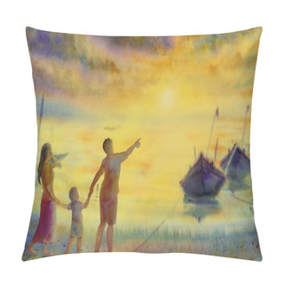 Personality  Watercolor Seascape Original Painting Colorful Of Fishing Boat In Sun Evening And Emotion In Sunshine,yellow Sea And Sky,cloud Background. Painted Illustration, Nature Beautiful Summer Pillow Covers