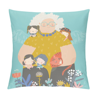 Personality  Cute Cartoon Grandmother Hugging Their Grandchildren In Flowers Pillow Covers