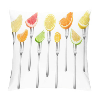 Personality  Isolated Citrus Pieces Collection. Grapefruit, Lemon, Orange, Lime And Kumquat Fruits On A Dessert Forks Isolated On White Background With Clipping Path Pillow Covers