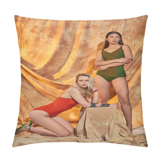 Personality  Full Length Of Interracial Models In Swimsuits Posing On Beige Background With Drapery, Fashion Pillow Covers