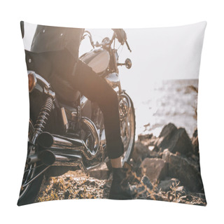 Personality  Low Section View Of Biker Sitting On Classical Motorbike Outdoors Pillow Covers
