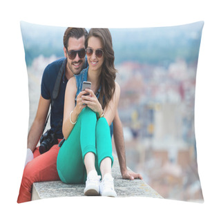 Personality  Young Couple Of Tourist In Town Using Mobile Phone.  Pillow Covers