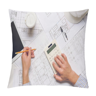 Personality  Architect Working With Blueprints And Calculator Pillow Covers