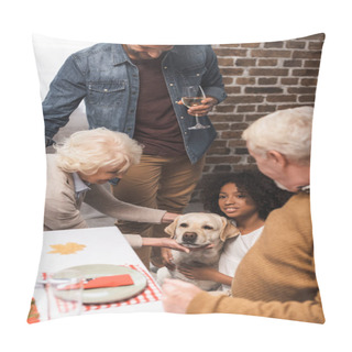 Personality  Senior Woman Stroking Golden Retriever During Thanksgiving Celebration With Multicultural Family Pillow Covers
