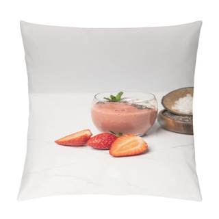 Personality  Tasty Smoothie With Coconut Flakes In Glass Near Tasty Strawberries On Grey  Pillow Covers