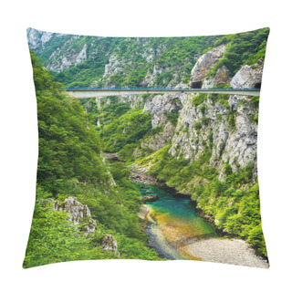Personality  Bridge Between Mountains Above Beautiful Piva River In Piva Canyon In Montenegro Pillow Covers