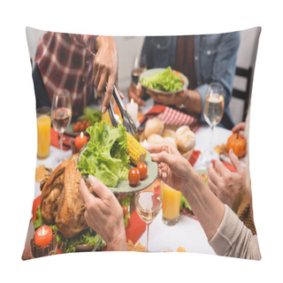 Personality  Cropped View Of Senior Woman Holding Plate With Vegetables During Thanksgiving Dinner With Multicultural Family Pillow Covers