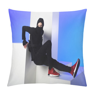 Personality  Ninja In Black Clothing Standing On White Blocks Isolated On Blue Pillow Covers