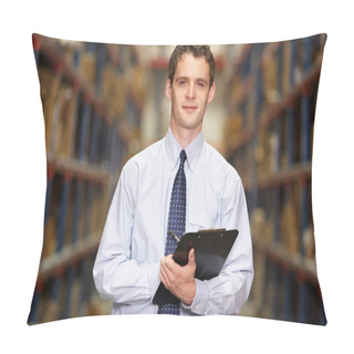 Personality  Portrait Of Manager In Warehouse With Clipboard Pillow Covers