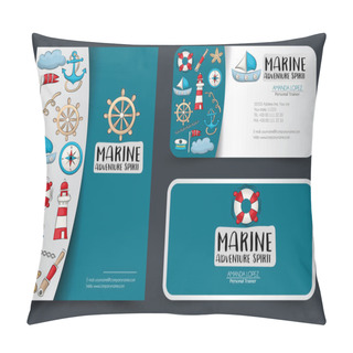 Personality  Marine Nautical Travel Corporate Identity Design Set. Flyer And Business Cards Template. Banners For Shopping Or Sale. Vector Illustrator. Pillow Covers