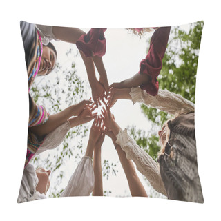 Personality  Bottom View Of Multiethnic Women In Stylish Clothes Holding Hands Outdoors In Retreat Center Pillow Covers