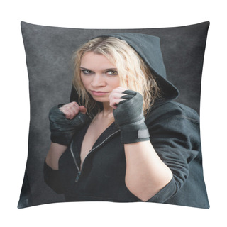 Personality  Boxing Training Woman In Black Grunge Background Pillow Covers