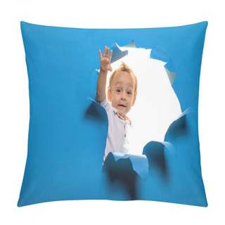 Personality  Hi There. Entrance To New Life Or Beginning. Curious Boy Child Look Out Of Hole In Paper. Little Kid Cutting Through Blue Wall. Little Child Peek Through Torn Paper. Being Curious, Copy Space Pillow Covers