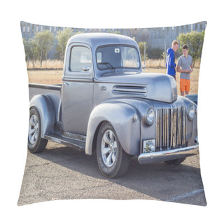 Personality  QUEENSTOWN, SOUTH AFRICA - 17 June 2017: Vintage F Series Silver Grey Ford Pick Up Truck Hot Rod Parked On Display At Public Show Pillow Covers