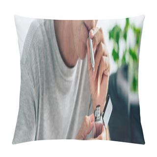Personality  Panoramic Shot Of Man Lighting Up Blunt With Medical Cannabis Pillow Covers