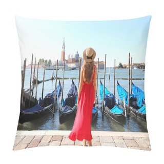 Personality  Holidays In Venice. Back View Of Beautiful Girl In Red Dress Enjoying View Of Venice Lagoon With The Island Of San Giorgio Maggiore And Gondolas Moored. Pillow Covers