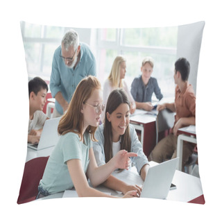 Personality  Schoolkid Pointing At Laptop Near Teacher And Multiethnic Classmates  Pillow Covers