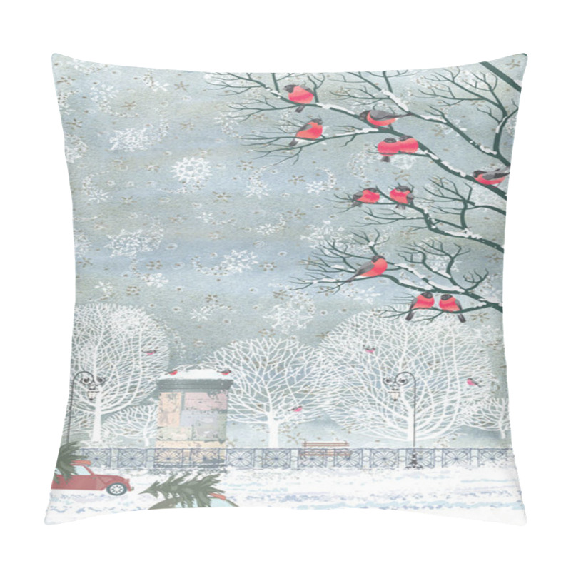 Personality  Composition from watercolor background with snowflakes and vector flock of bullfinches perching on the branches of a trees, advertising column, cars with christmas trees on top, snow, trees, fence, street lights and bench pillow covers